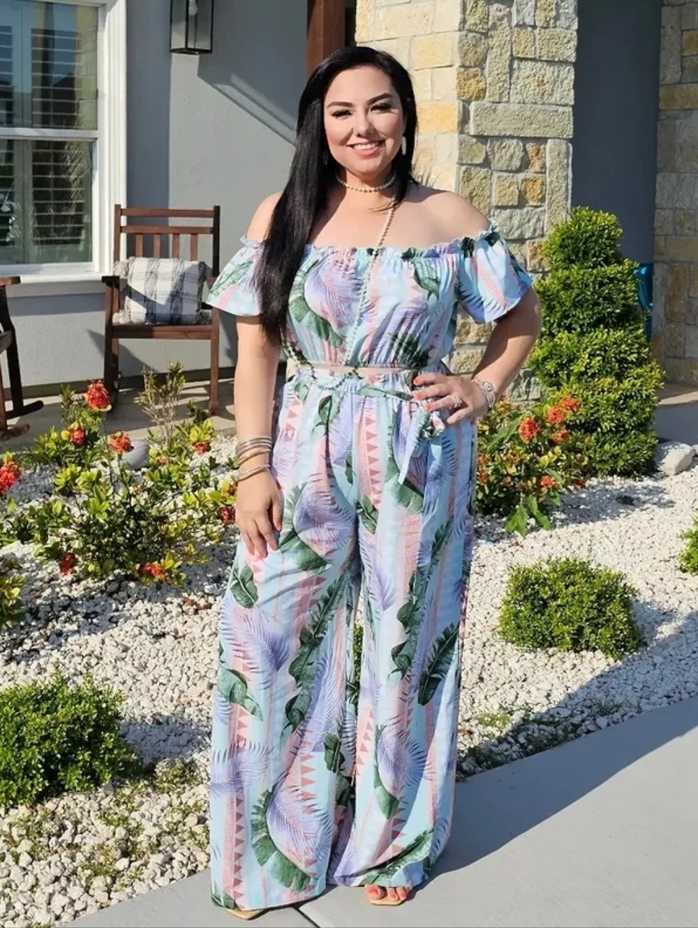 Off-Shoulder Tropical Print Set in Pastel Green & Pink